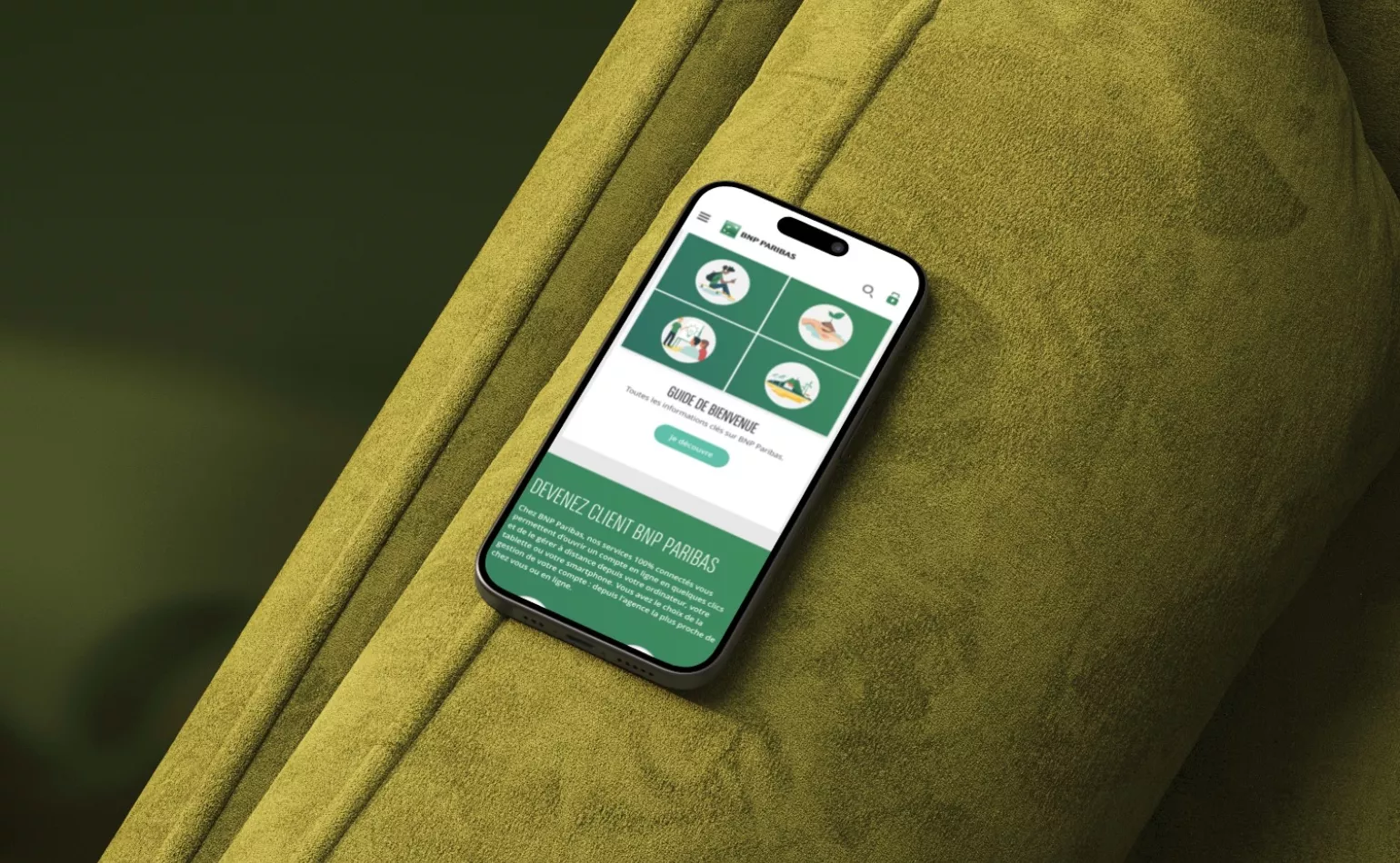 Version mobile responsive du site Drupal de BNP Paribas, configurée pour l'accès aux plateformes d'affacturage en ligne par AODB.