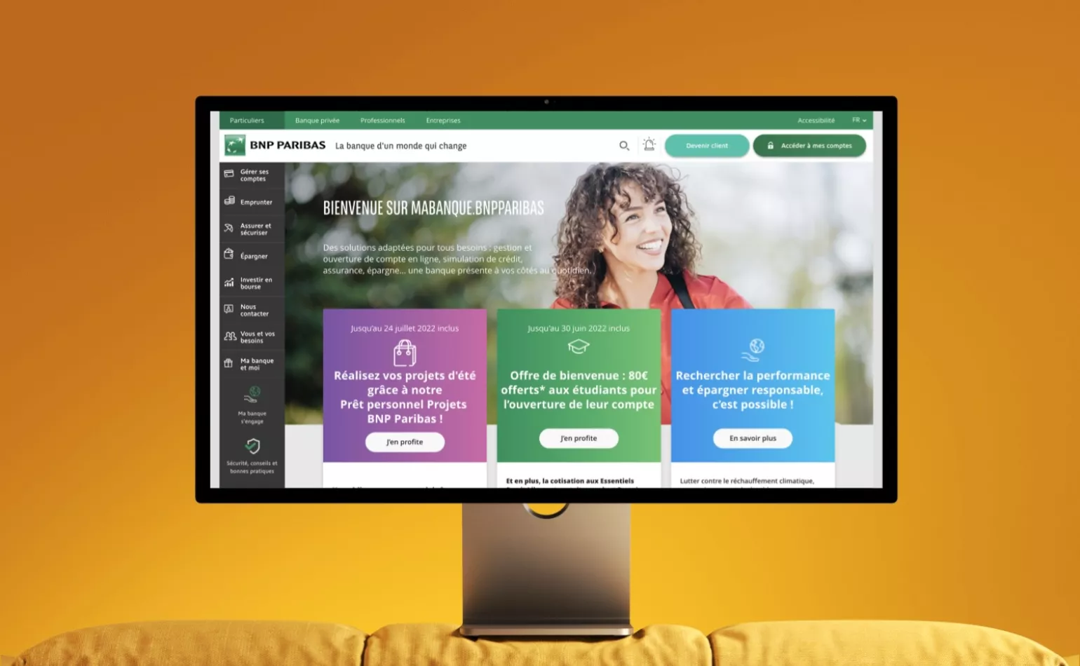 Aperçu de la plateforme web Drupal de BNP Paribas gérée en développement et supervision technique par l'agence AODB.