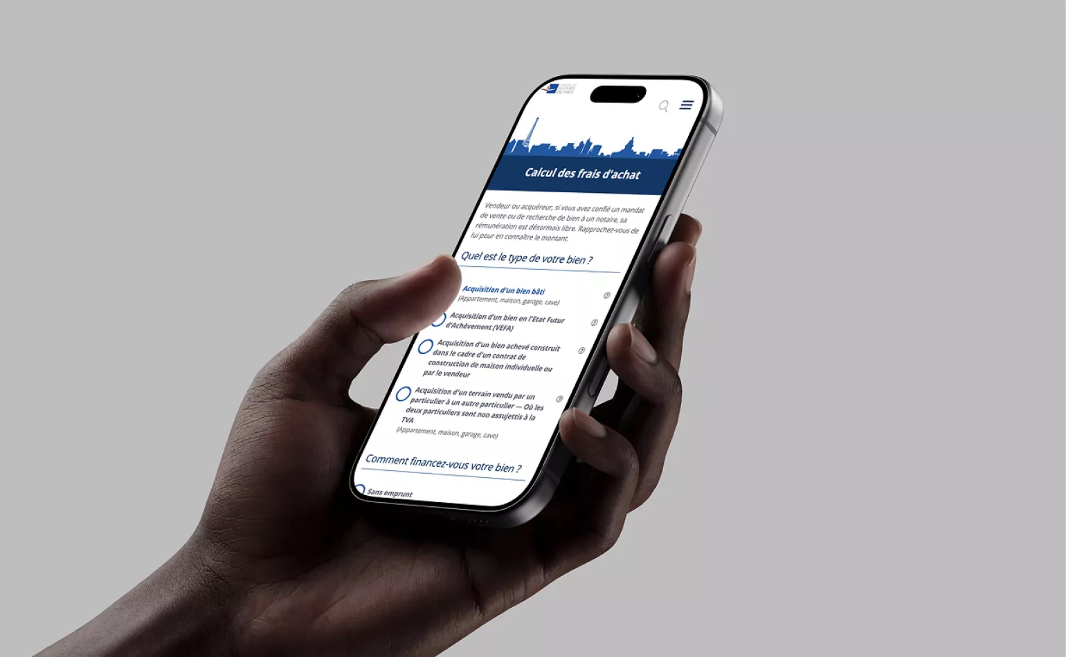 Version mobile responsive du site de la Chambre des Notaires de Paris, optimisée pour l'accès aux services en ligne par AODB.
