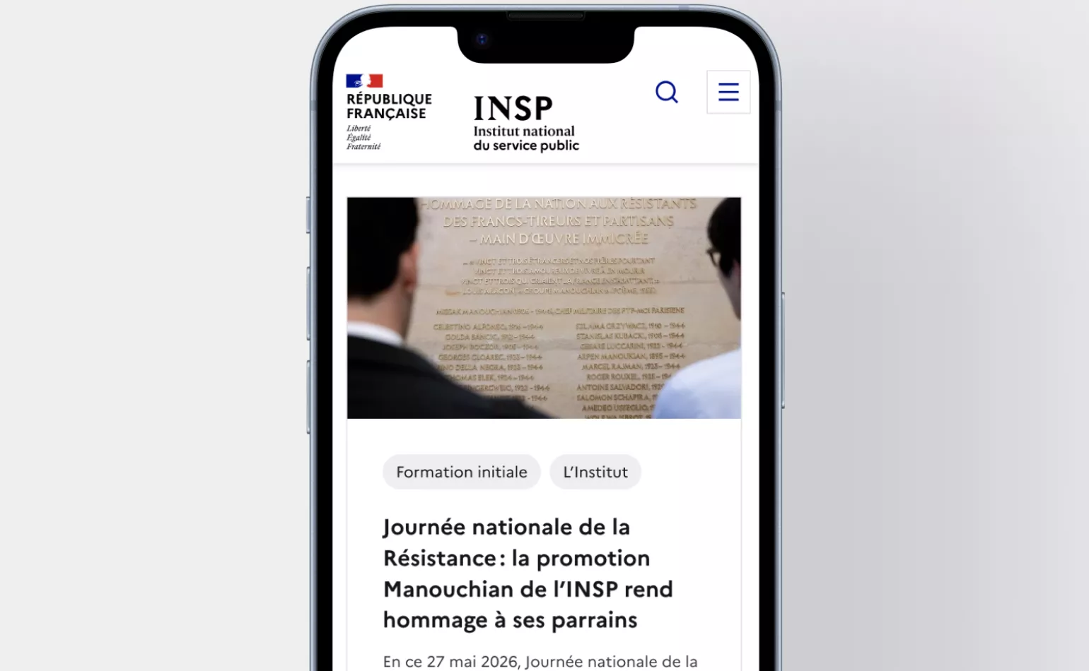 Version mobile responsive du site institutionnel de l'INSP développée sur Drupal avec le Design System de l'État par AODB.