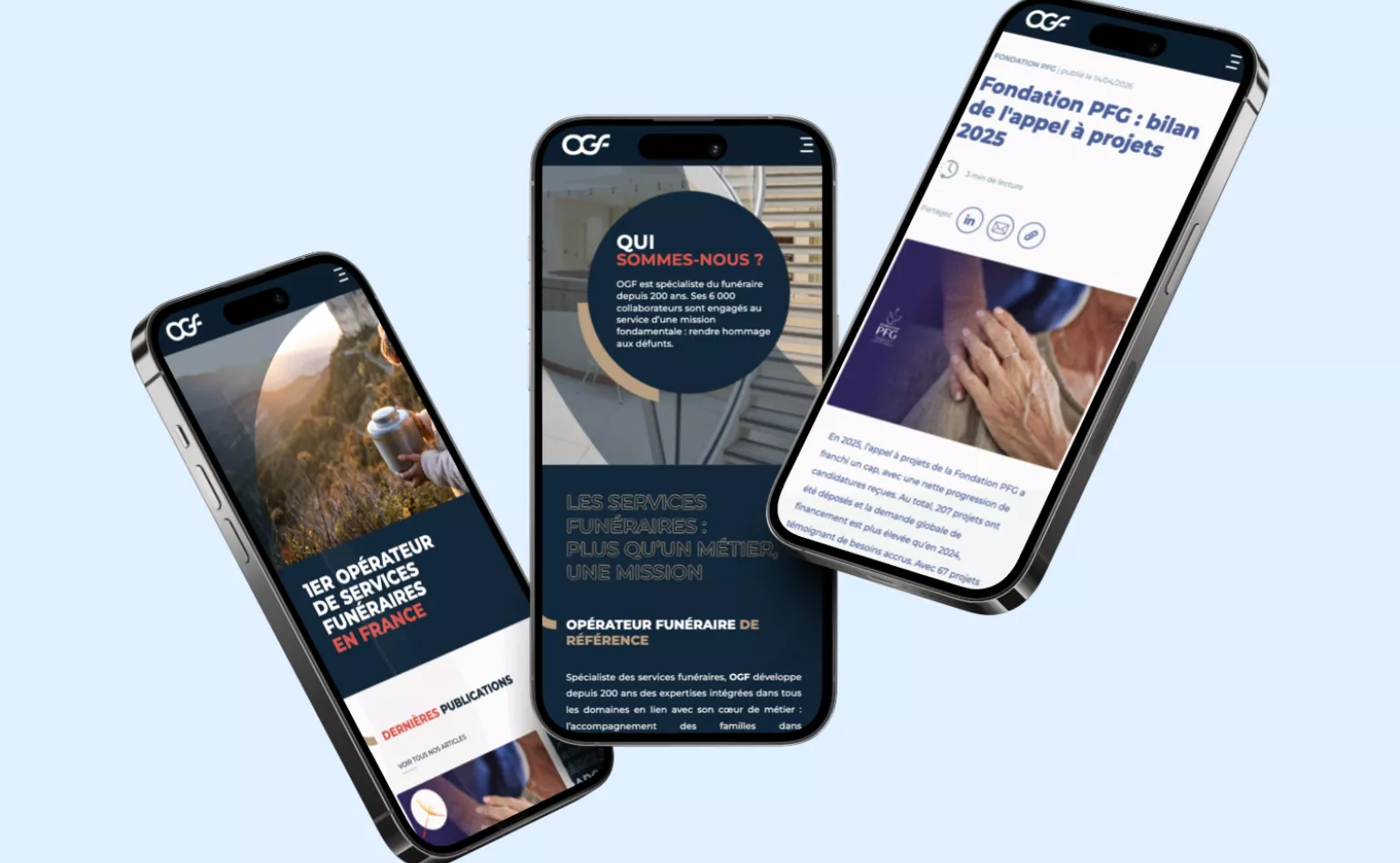 Version mobile responsive du site d'OGF, optimisée pour l'accompagnement funéraire en ligne.