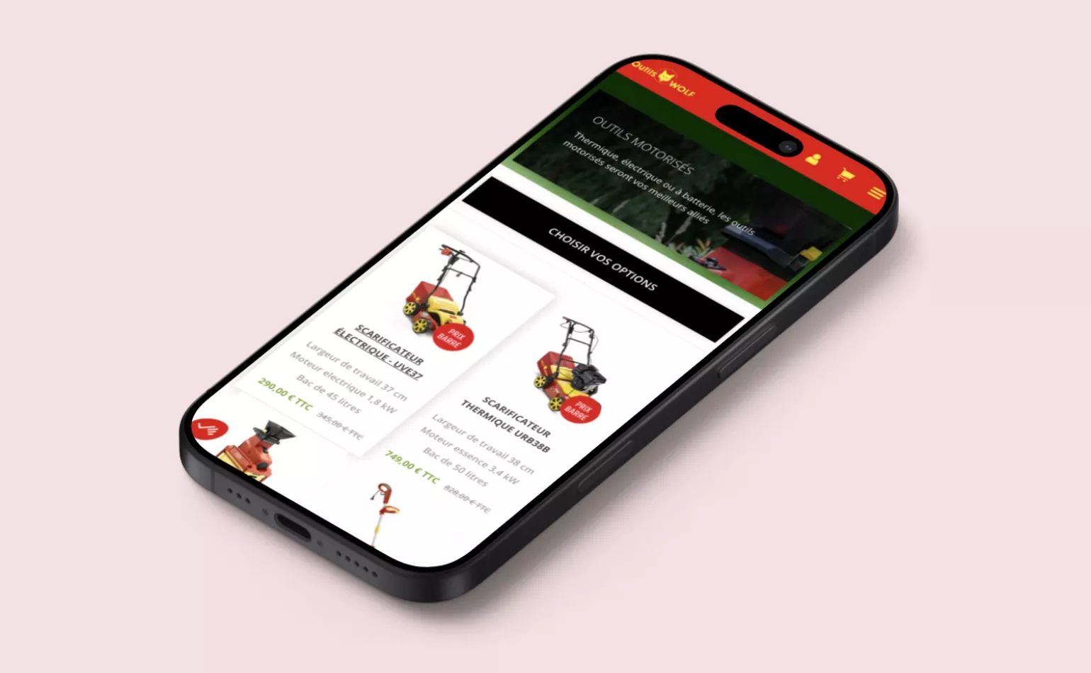 Version mobile responsive de la boutique en ligne d'Outils Wolf, optimisée pour le parcours client par AODB.