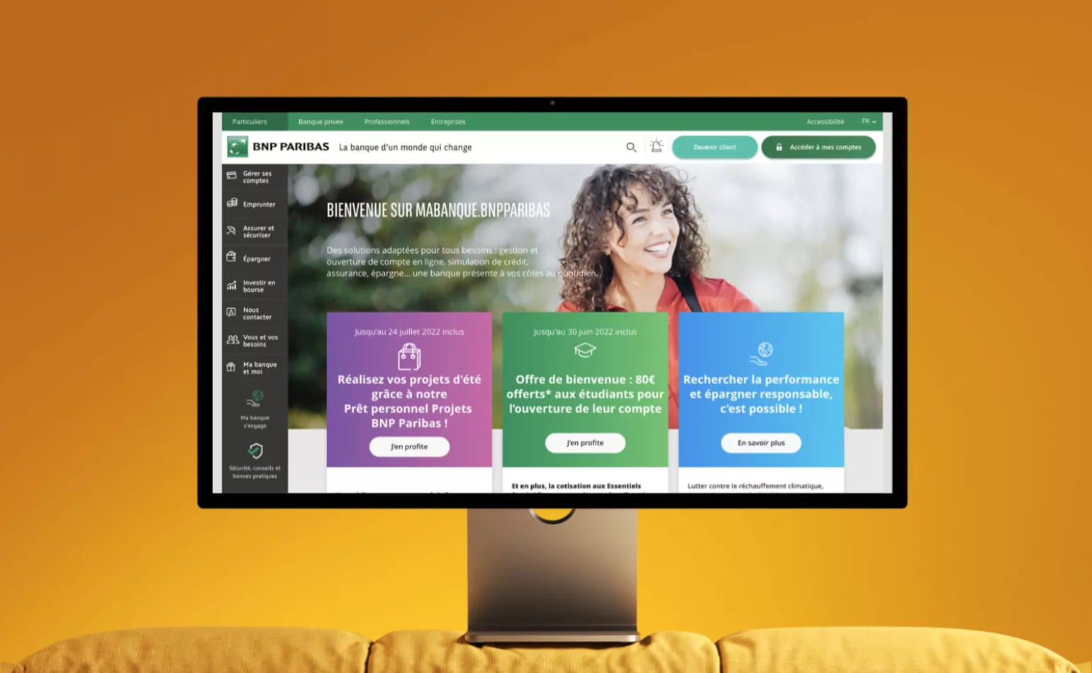 Aperçu de la plateforme web Drupal de BNP Paribas gérée en développement et supervision technique par l'agence AODB.
