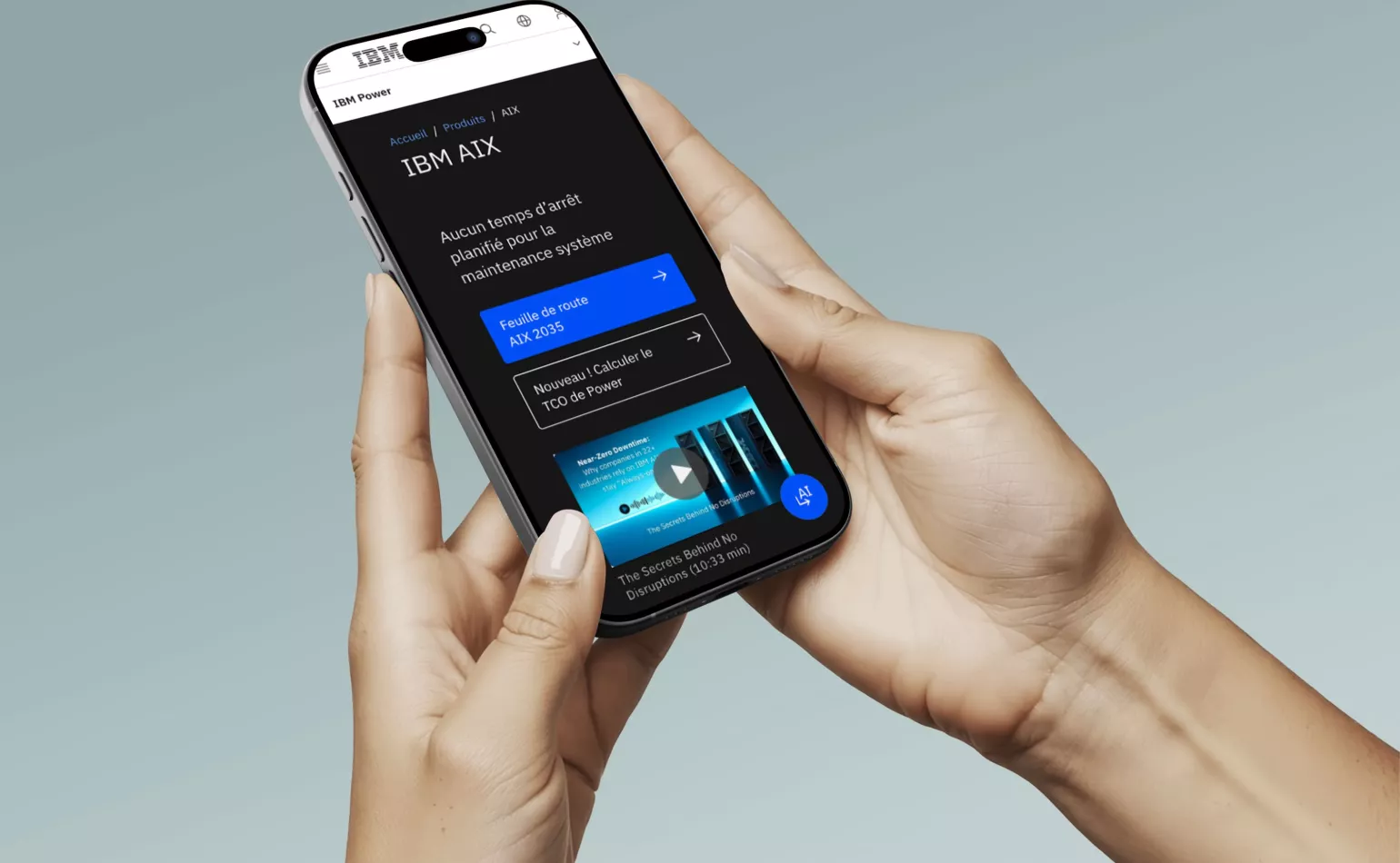 Version mobile responsive de la plateforme multilingue d'IBM, configurée pour faciliter l'accès à l'appstore et aux services connectés.