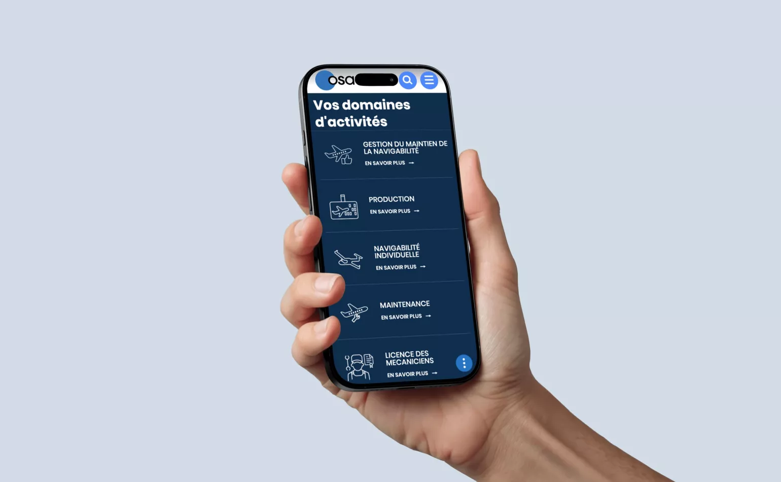 Version mobile responsive du portail de l'OSAC, conçue pour la dématérialisation des flux et la traçabilité des demandes des usagers.