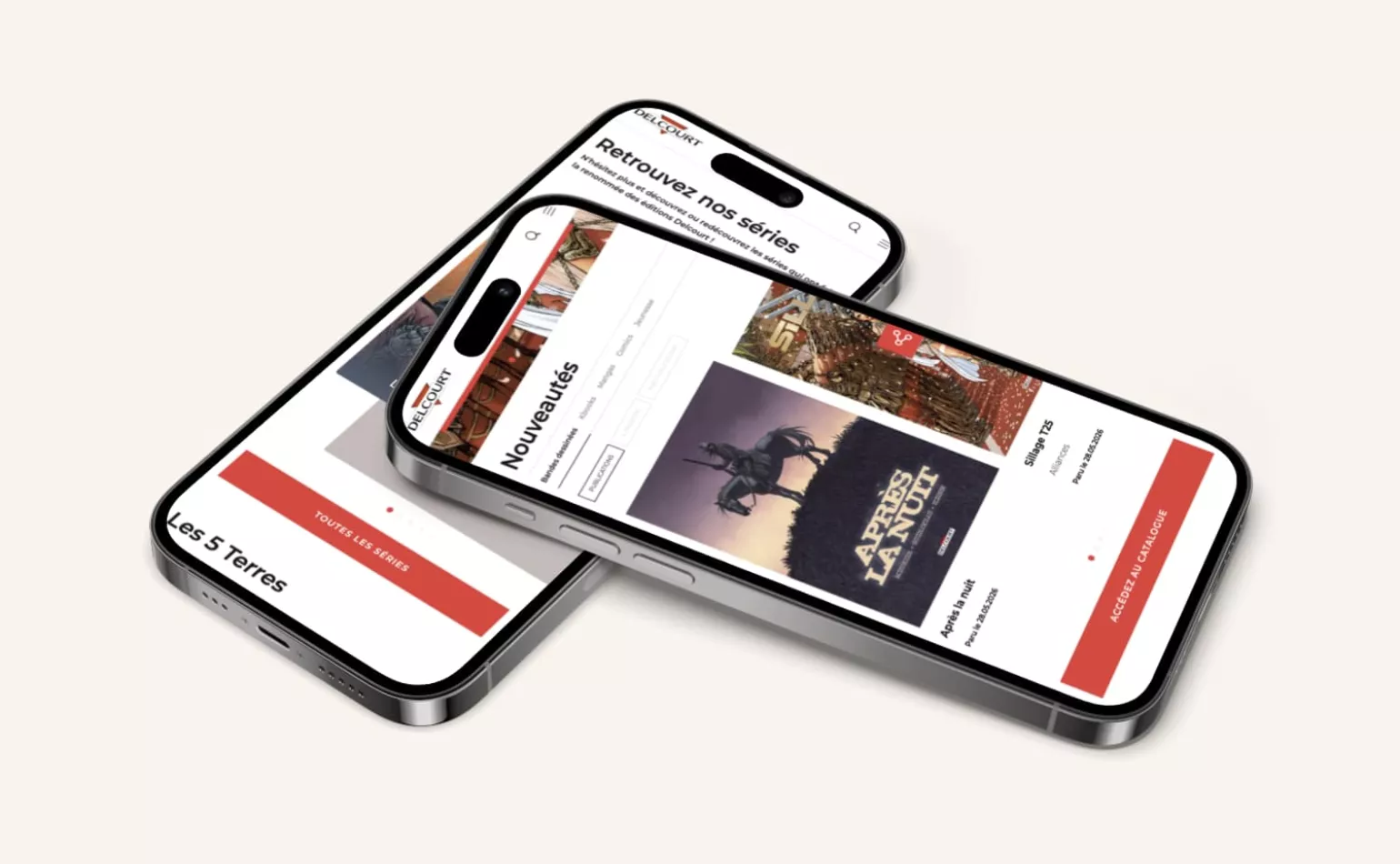 Version mobile responsive du site Drupal du groupe Delcourt, optimisée pour l'attractivité des parcours utilisateurs par AODB.