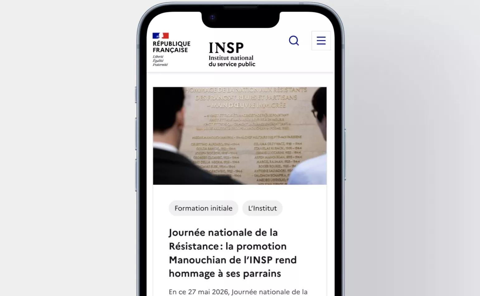 Version mobile responsive du site institutionnel de l'INSP développée sur Drupal avec le Design System de l'État par AODB.