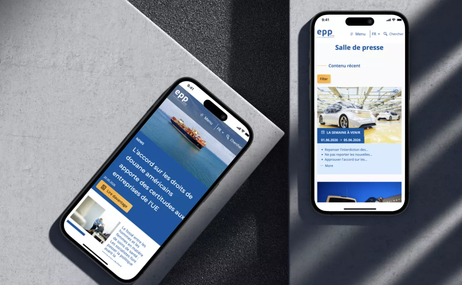 Version mobile responsive du site Drupal Headless du groupe PPE au Parlement Européen, optimisée pour l'expérience utilisateur par AODB.