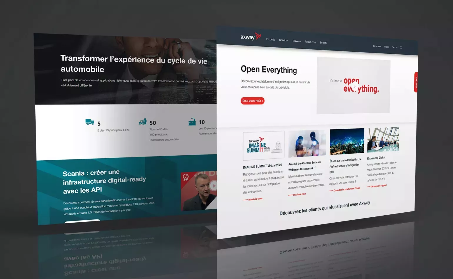 Version mobile responsive du site de l'éditeur de logiciels Axway, configurée pour fluidifier la consultation des pages catalogues sur smartphone.