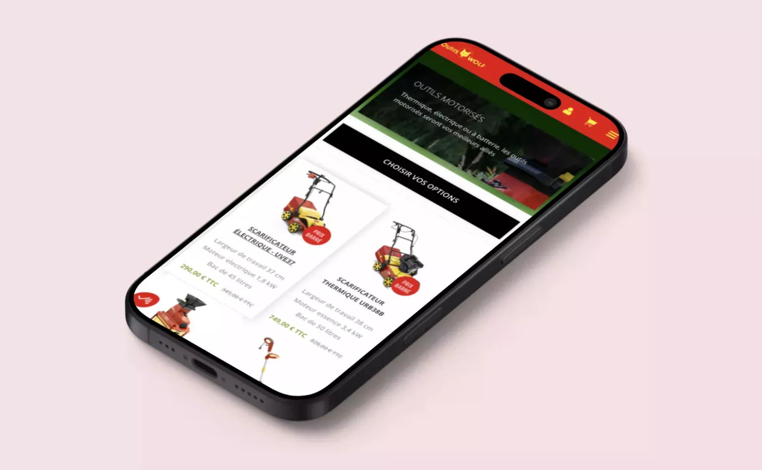 Version mobile responsive de la boutique en ligne d'Outils Wolf, optimisée pour le parcours client par AODB.