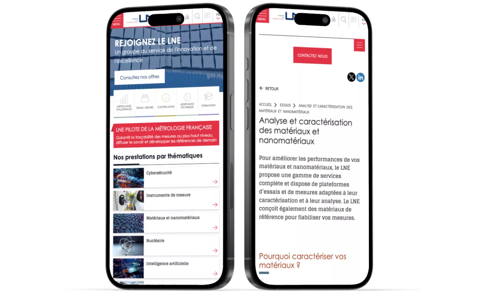Version mobile responsive du site du Laboratoire national de métrologie et d'essais (LNE), configurée pour faciliter la consultation des mesures et analyses sur smartphone.