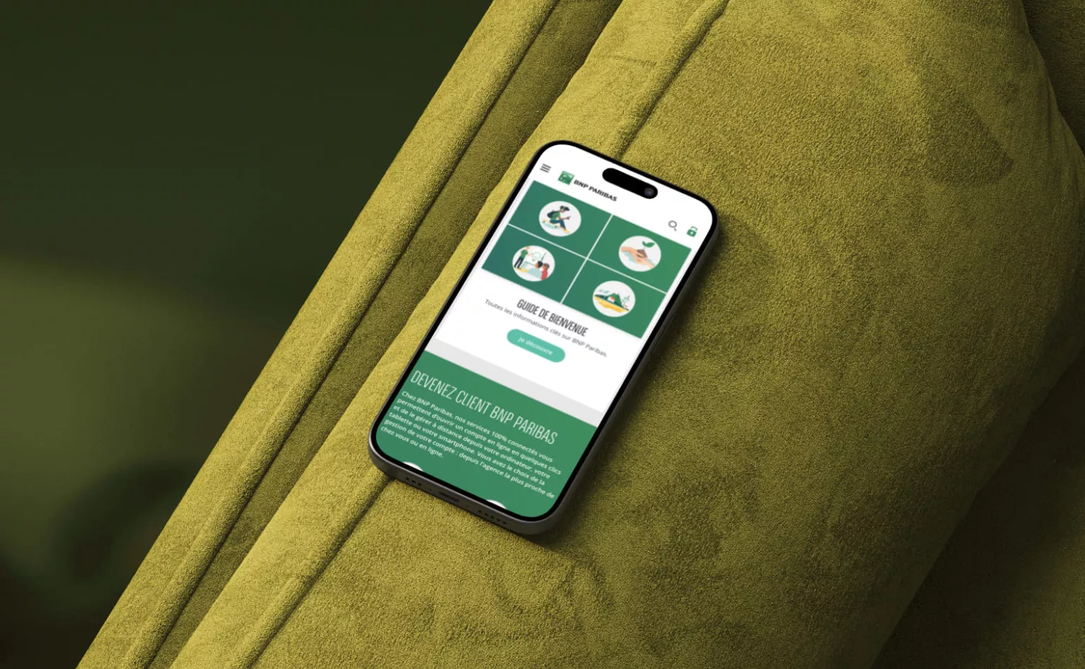 Version mobile responsive du site Drupal de BNP Paribas, configurée pour l'accès aux plateformes d'affacturage en ligne par AODB.