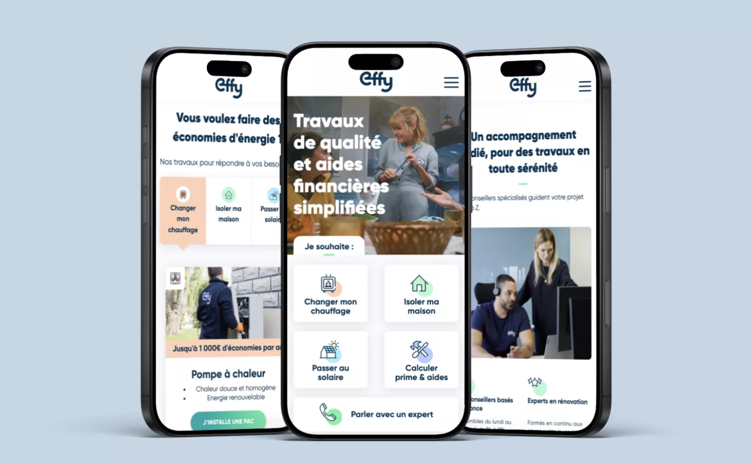 Version mobile responsive du site d'Effy, configurée pour simplifier l'accès aux démarches de rénovation énergétique sur smartphone.