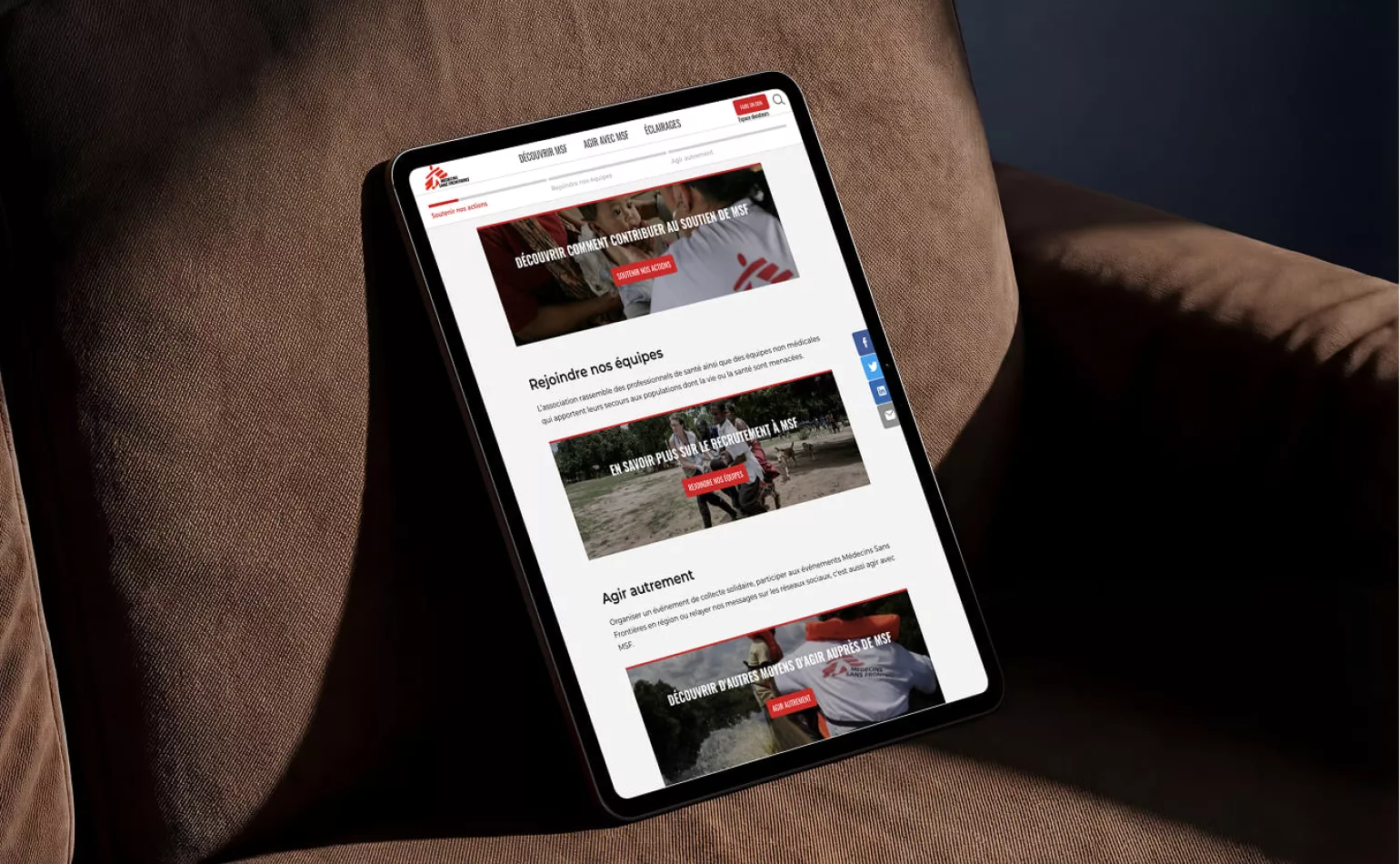 Version mobile responsive de l'intranet collaboratif de MSF, optimisée pour le télétravail international par l'agence AODB.