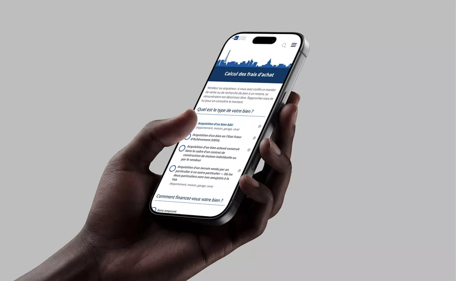 Version mobile responsive du site de la Chambre des Notaires de Paris, optimisée pour l'accès aux services en ligne par AODB.