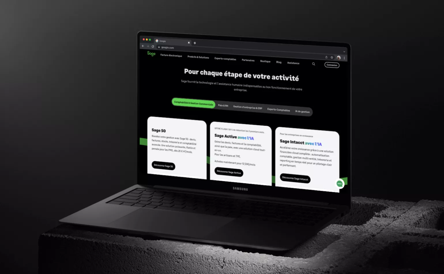 Aperçu du site internet de Sage, optimisé pour le marketing automation et la génération de leads par l'agence AODB.