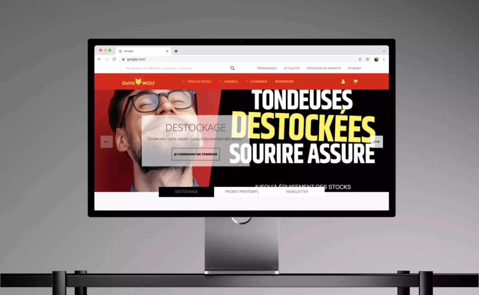 Aperçu du site internet e-commerce d'Outils Wolf, développé sous Drupal Commerce par l'agence AODB.