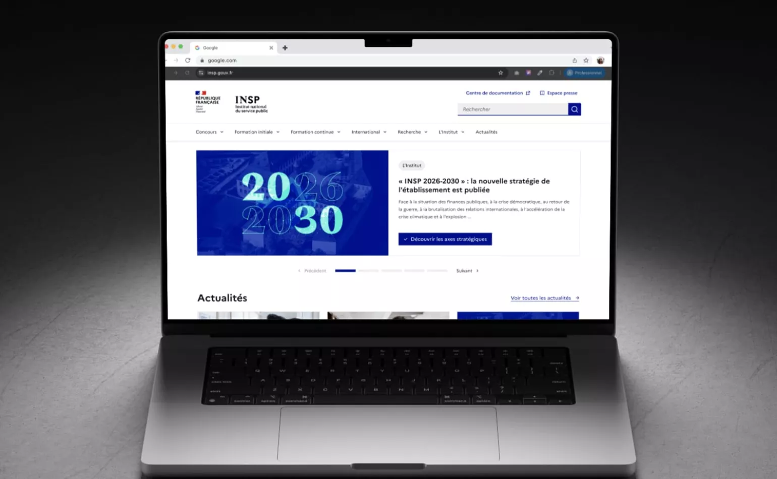 Aperçu du site officiel de l'INSP conçu avec la DSFR Factory Drupal par l'agence AODB.