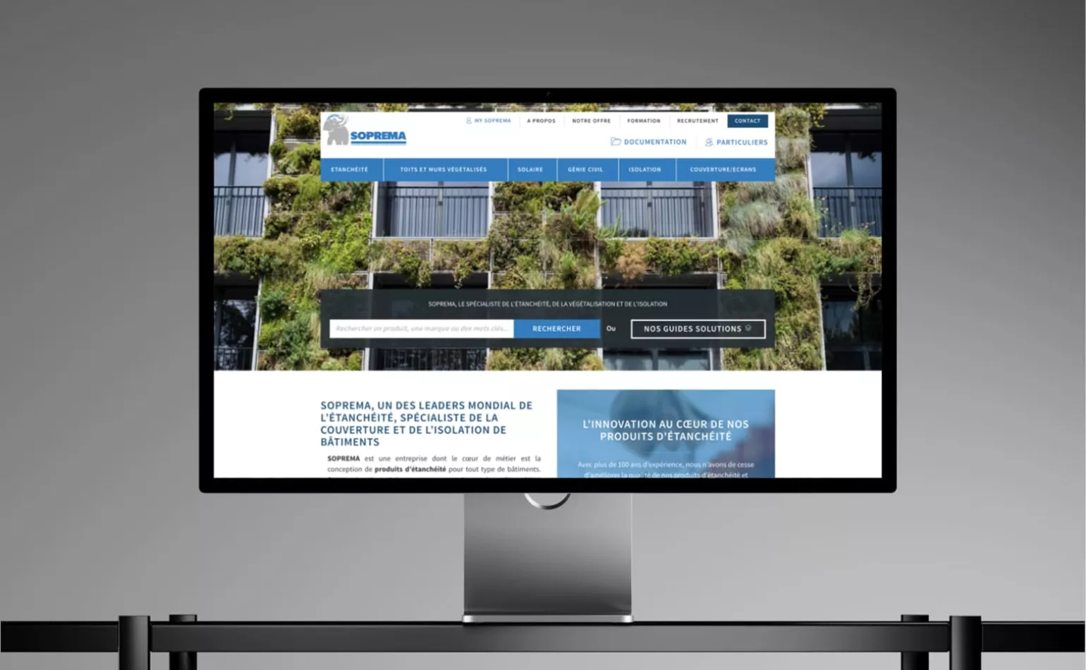 Aperçu du site internet Drupal de Soprema, entièrement refondu dans une démarche user centric par l'agence AODB.